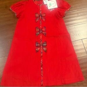 Shrimp and Grits Kids Red Corduroy Dress with Plaid Bow Accents